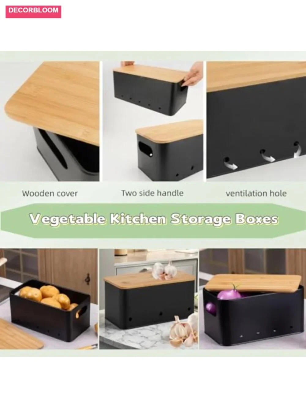 Modern Kitchen Storage Container Set of 3 Stackable Metal Boxes with Wooden